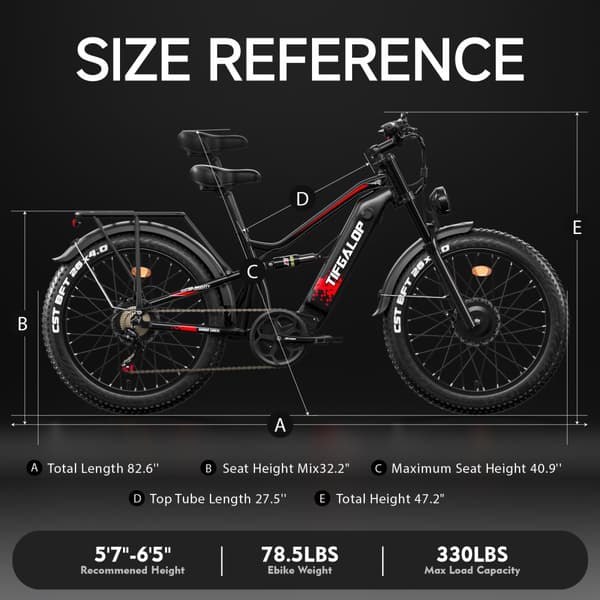 Tifgalop ES7 Pro dual drive elektrisk cykel, 750W * 2 motor, 52V21Ah batteri, räckvidd 40-80 km