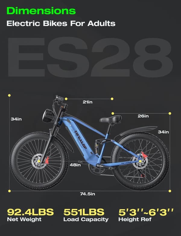 Tifgalop ES28 aikuisten sähköpyörä 26 tuumaa, 1000W moottori, 48V18Ah irrotettava akku, kantama 45-90 km, hydrauliset iskunvaimentimet edessä, sininen