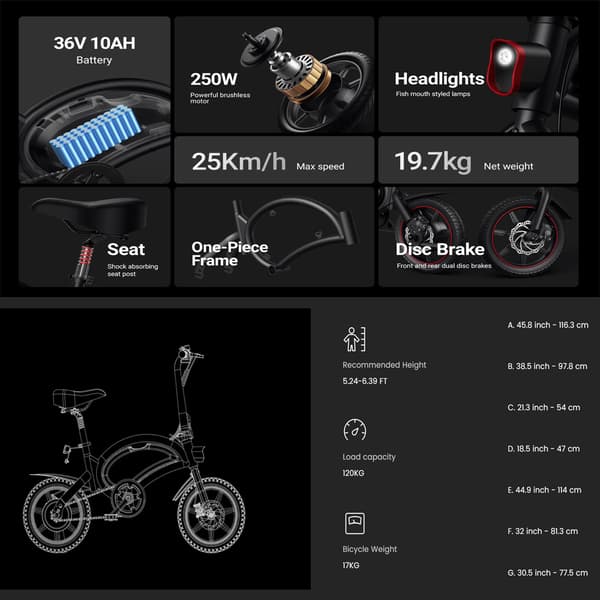 DYU D3F 14'' foldbar elcykel, 250 V motor, 10 Ah batteri, til teenagere