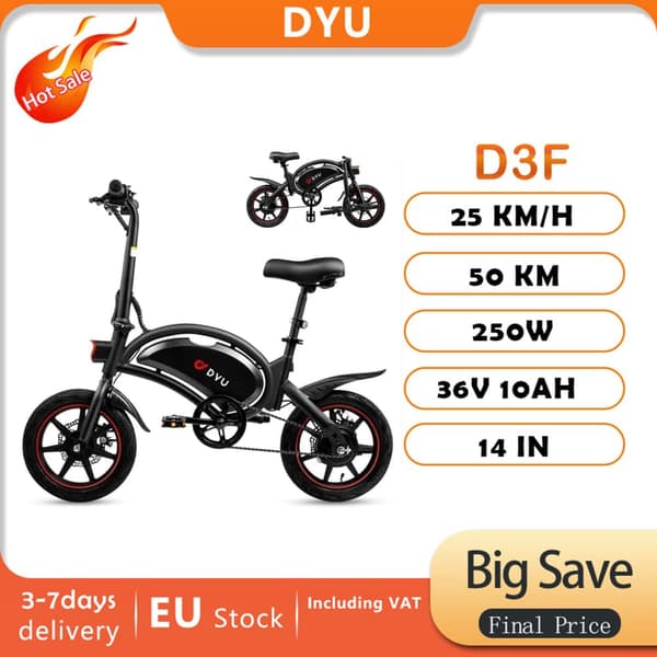 DYU D3F 14'' foldbar elcykel, 250 V motor, 10 Ah batteri, til teenagere