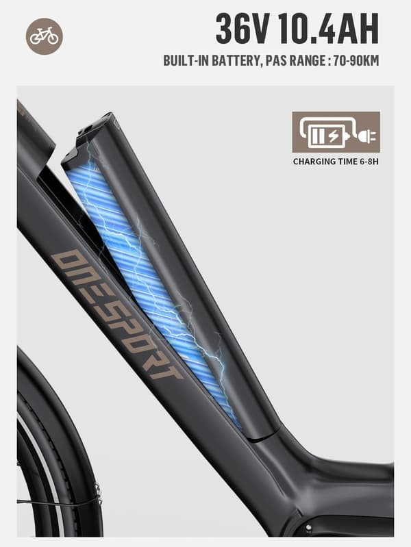 OneSport OT07 sähköpyörä, 250W Bafang-moottori, 36V 10.4Ah akku, suurin nopeus 25km / h, kantama 70-90km, Shimano 7-vaihteinen, musta