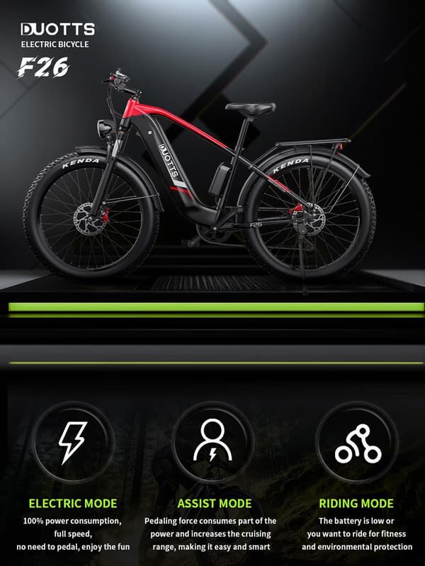 DUOTTS F26 elektrisk cykel 26 ", 750W * 2 dubbla motorer, 48V20AH batteri, maximal hastighet 55 km, räckvidd 40-120 km, Shimano 7-växlad, tre körlägen