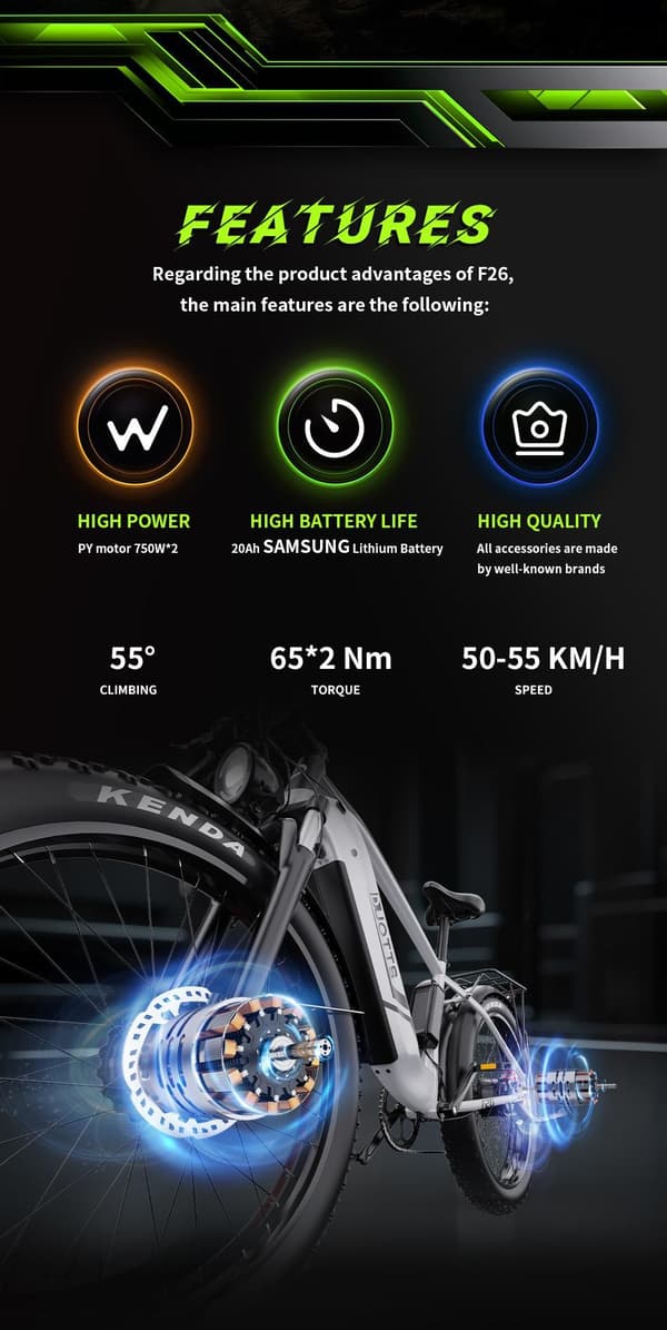 DUOTTS F26 elcykel 26", 750W*2 dobbelte motorer, 48V20AH batteri, maksimal hastighed 55 km, rækkevidde 40-120 km, Shimano 7-trins, tre køretilstande