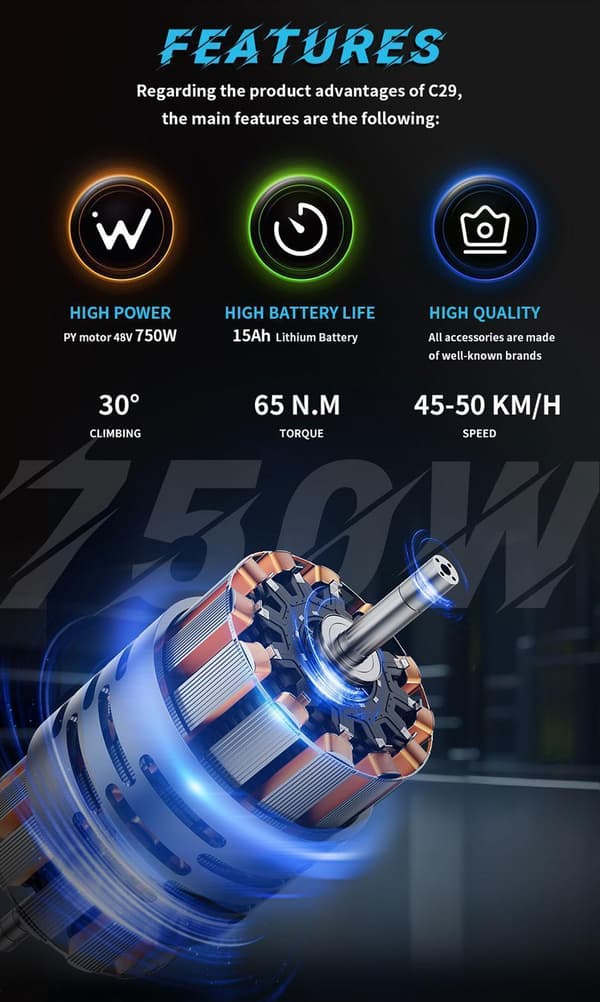 DUOTTS C29 Elcykel 750W Motor ebike 48V 2*15AH Dubbelbatteri upp till 50-100KM Räckvidd Aluminiumlegering Lättvikt Ebike