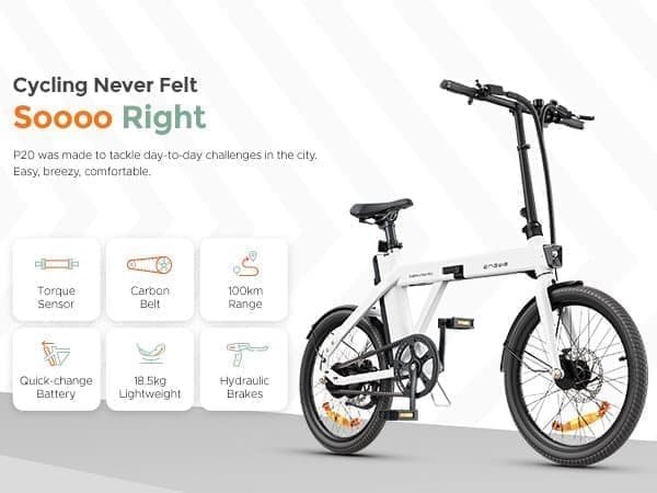 Engwe-P20 hvid foldbar elektrisk cykel til voksne 20*1.95 dæk bycykel Mountain Beach snecykler, 36V 9.6AH batteri op til 100 km rækkevidde