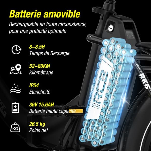 RCB Elcykel 20" MTB Fat Bike för Vuxna Fällbar - Batteri 36V/15.6Ah - 7 Växlar - APP - RK6 Svart