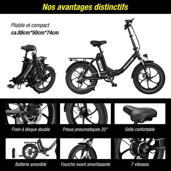 RCB Elcykel 20" MTB Fat Bike för Vuxna Fällbar - Batteri 36V/15.6Ah - 7 Växlar - APP - RK6 Svart