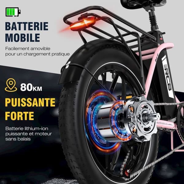 RCB Elcykel - 20" VTT Fat Bike för vuxna, hopfällbar - Batteri 36V/15.6Ah - 7 Växlar - RK6 Rosa