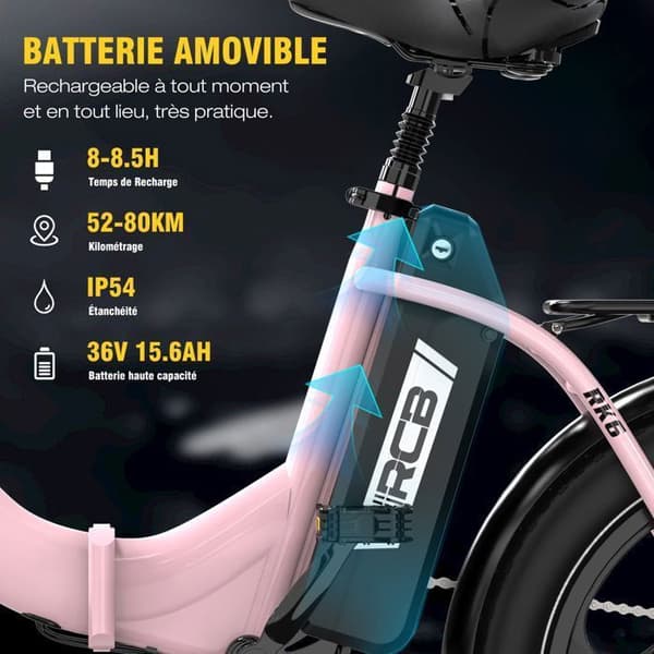 RCB Elcykel - 20" VTT Fat Bike för vuxna, hopfällbar - Batteri 36V/15.6Ah - 7 Växlar - RK6 Rosa
