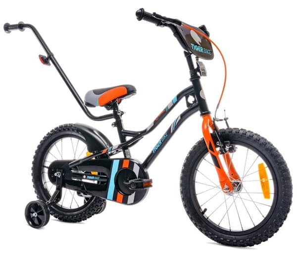 Tiger Bike Barncykel 16 tum träningshjul tryckstång (Svart Orange Turkos, 16 tum)