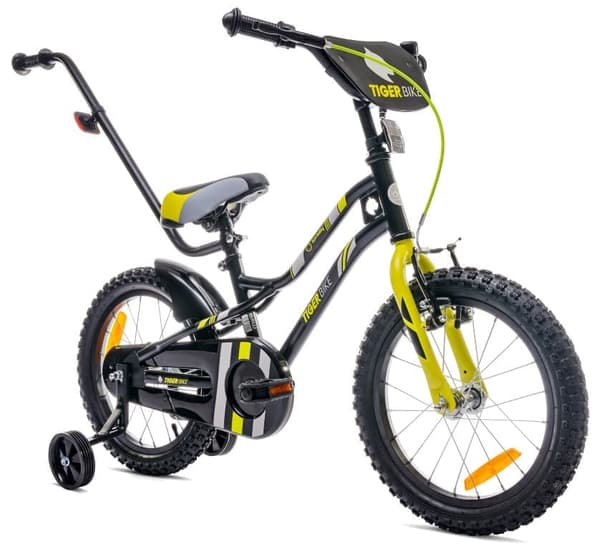 Tiger Bike Barncykel 16 tum träningshjul tryckstång (Svart Gul Grå, 16 tum)