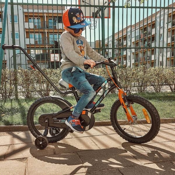 Tiger Bike Barncykel 14 tum träningshjul tryckstång (Svart Orange Turkos, 14 tum)