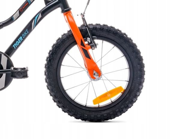 Tiger Bike Barncykel 14 tum träningshjul tryckstång (Svart Orange Turkos, 14 tum)