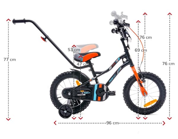 Tiger Bike Barncykel 14 tum träningshjul tryckstång (Svart Orange Turkos, 14 tum)
