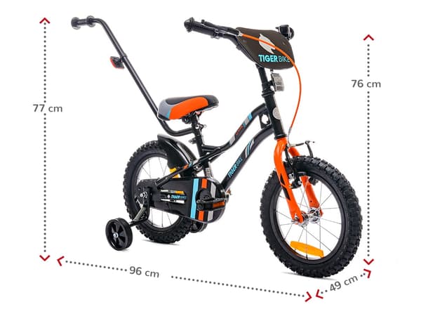 Tiger Bike Barncykel 14 tum träningshjul tryckstång (Svart Orange Turkos, 14 tum)