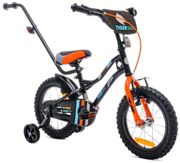 Tiger Bike Barncykel 14 tum träningshjul tryckstång (Svart Orange Turkos, 14 tum)