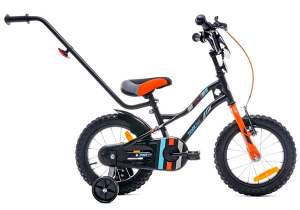 Tiger Bike Barncykel 14 tum träningshjul tryckstång (Svart Orange Turkos, 14 tum)