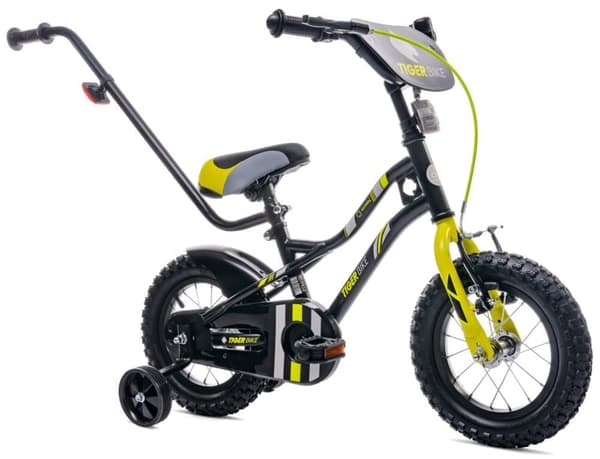 Cykel för en pojke 12 tum Handtag Sidohjul Korg Tiger Bike svart - gul - grå