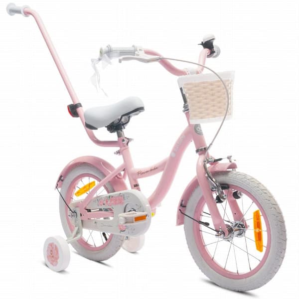 Flower Bike Flickcykel 14 tum, stödhjul, pushbar, justerbar sadel och styre (Rosa, 14 Tum)