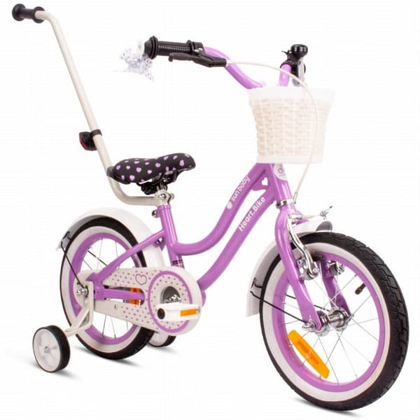 Heart Bike Flickcykel för en flicka 14 tum, stödhjul, pushbar, justerbar sadel och styre (Lila, 14 tum)