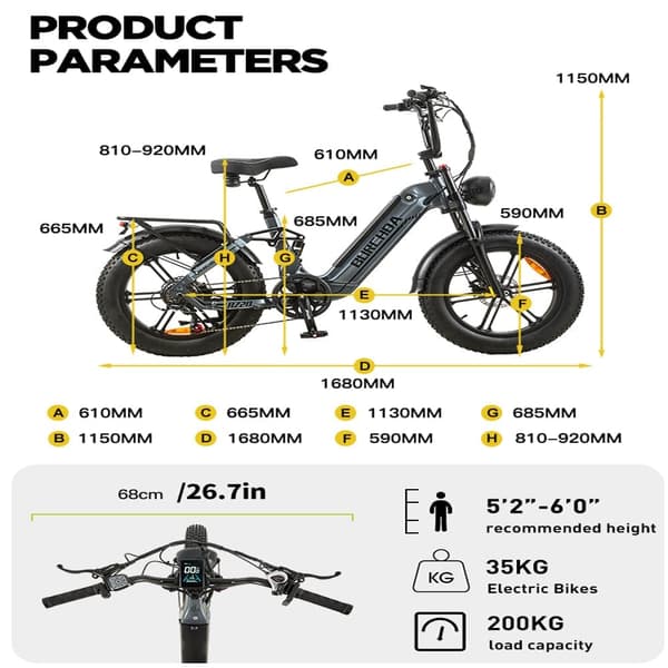 BURCHDA AZ20 sähköpyörä, 1000W moottori, 20AH akku, 20x4.0" rengas, 25-45KM/H