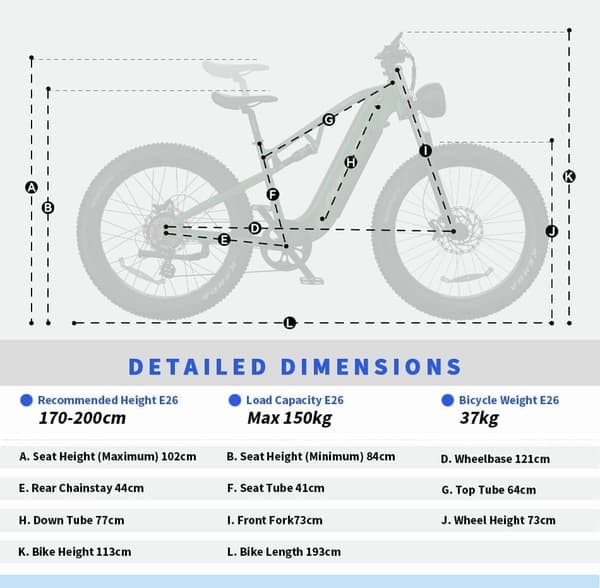 DUOTTS E26 Elcykel: 120 km lång räckvidd, 80 NM vridmoment, 26" legeringsram, IPX4 vattentät, justerbar hastighet (170-200 cm)