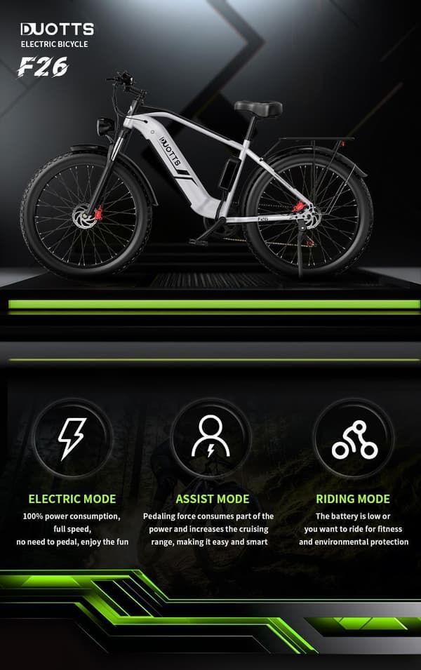 DUOTTS F26 elcykel: 750W motor, 120 km räckvidd, 26" fettdäck, IPX5 vattentät, 55° klättring (Shimano 7-hastighet)