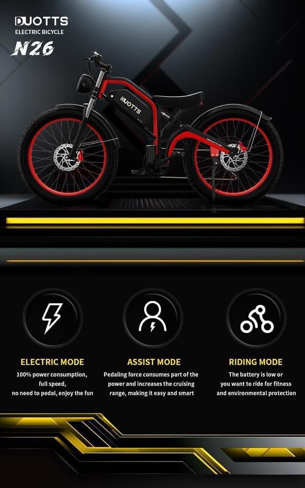 DUOTTS N26 elcykel: 750W dobbelt motor, 150 kg maks. belastning, 55° hældning, 26" fedt dæk, IPX4 vandtæt (Shimano 7 hastighed)