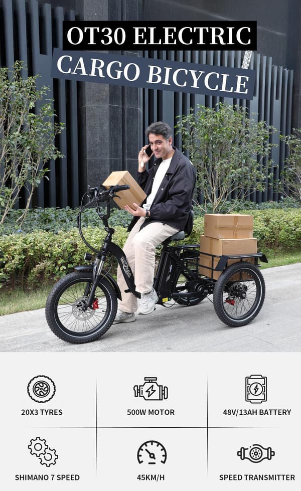 OneSport OT30 Cargo Electric Bike 20", 500W motor, 48V 13AH batteri, maksimal hastighed 45 km / t, maksimal belastning 180 kg, Shimano 7-trins