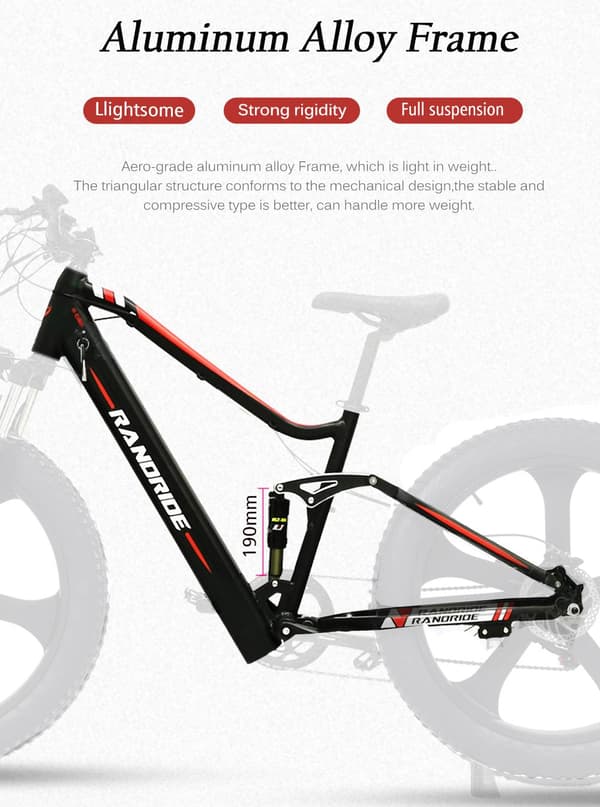 RANDRIDE YX90M 26" rasvarenkainen sähköpyörä – 1000 W moottori, 48V13.6Ah akku, 45 km:n toimintasäde, Shimano-hydrauliset jarrut