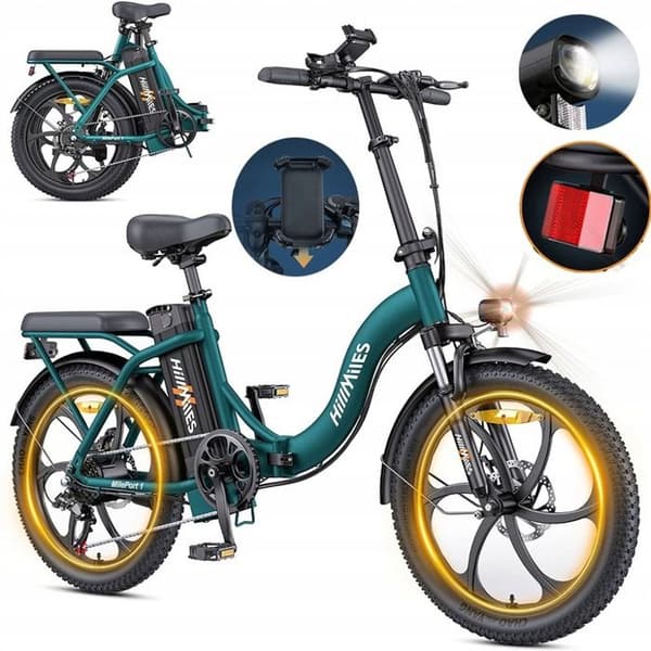 Fällbar elcykel Hillmiles MilePort 1 - Räckvidd 60km - Motor 250W - Batteri 36V13Ah - Däck 20 tum - VTC Cykel - Grön