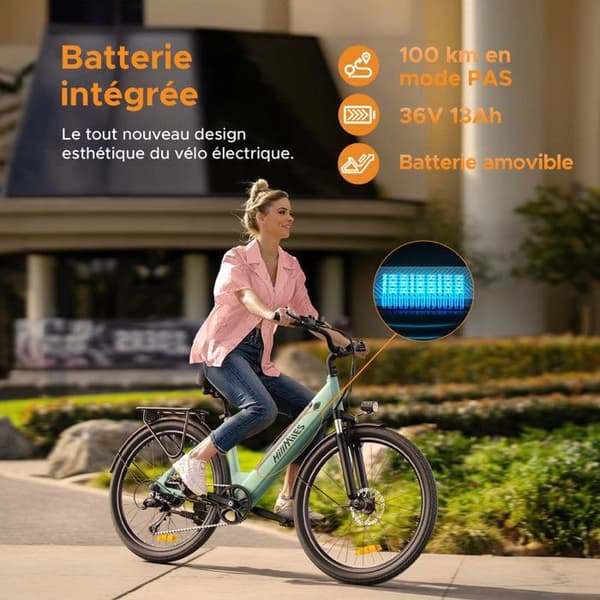 HILLMILES Milecity 1 - Elcykel 26" - Motor 250W - Avtagbart batteri 36V 13Ah - Räckvidd 100km - Shimano 7 växlar, Grön