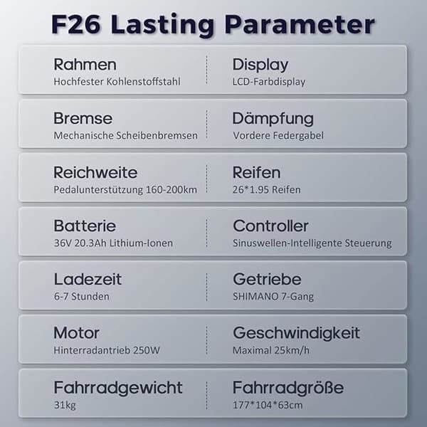 Fafrees F26 Hållbar elcykel 26 tum, 36V 20,3Ah, 250W 25km/h, City E-Bike Räckvidd 80-200 km, Last 120kg blå