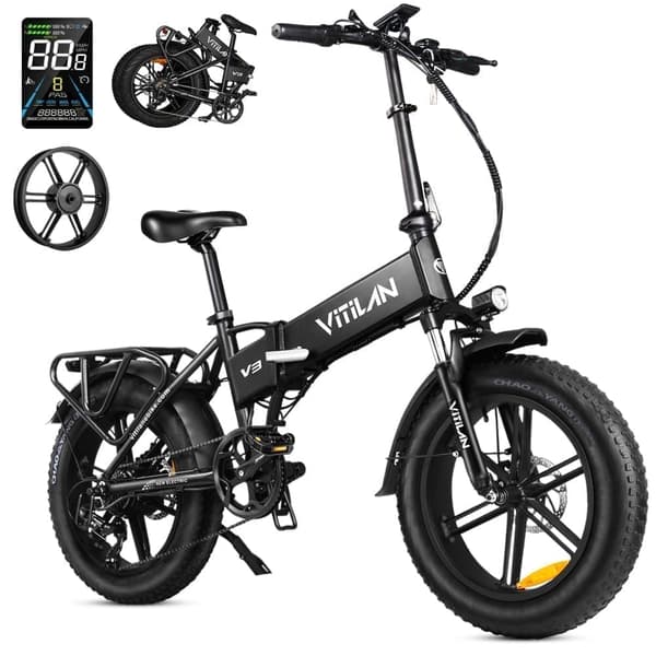 Vitilan-V3 2.0 Vikbar elektrisk cykel 20 ",750W motor,48V13Ah löstagbart batteri,Ren elektrisk lägesområde 30 miles, LED LCD-skärm Svart