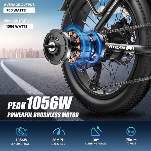 Vitilan-U3 taitettava sähköpyörä 750W, 48V13Ah akku, 20"*3" rasvarengas, maksiminopeus 45km/h, värillinen LCD-näyttö, Shimano 7-vaihteinen vaihde
