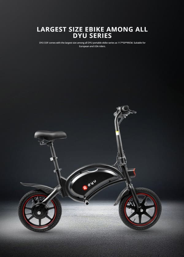 DYU D3F 14 tommer mini folde elcykel, 250W motor, 36V 10AH batteri, produktvægt 17KG, sort