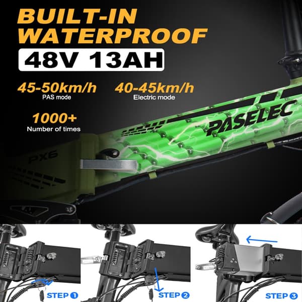Paselec PX6 folde elcykel, 750W motor, 13AH batteri, 20''*4.0'' integreret fælg i magnesiumlegering, 7 gear, 45KM/H