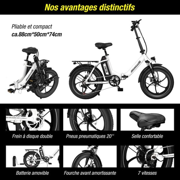 RCB Elektrisk Cykel, 20" VTT Fat Bike Elektrisk för Vuxna Fällbar 36V/12Ah, E-Cykel Stad Vit