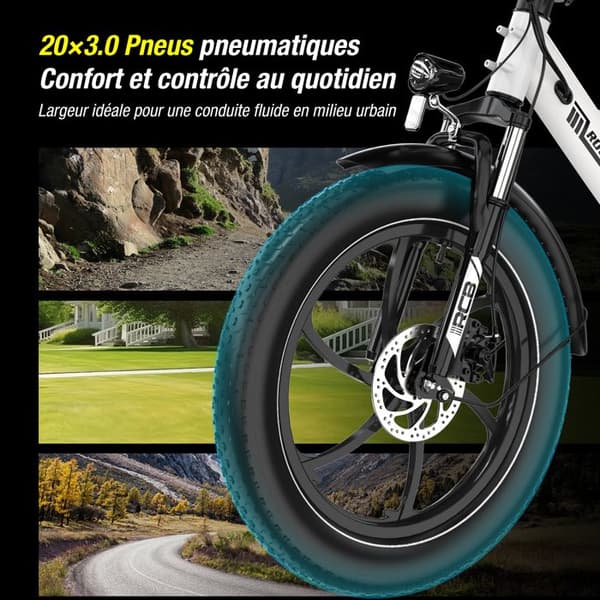 RCB Elektrisk Cykel, 20" VTT Fat Bike Elektrisk för Vuxna Fällbar 36V/12Ah, E-Cykel Stad Vit
