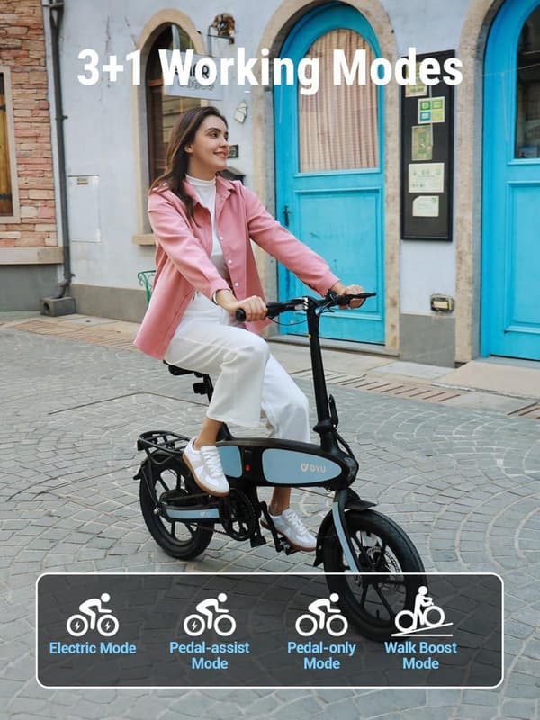 DYU elcykel, C2 16 tums hopfällbar elcykel, 500W toppmotor, 7,5 AH batteri, max räckvidd 38 mil, justerbart säte, 3 nivåhjälp