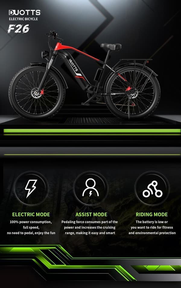 DUOTTS F26 26" elcykel med dubbla motorer, 2x750W GT-motorer, 48V 20AH Samsung-batteri, 55° stigning, fet däck terränggående elcykel