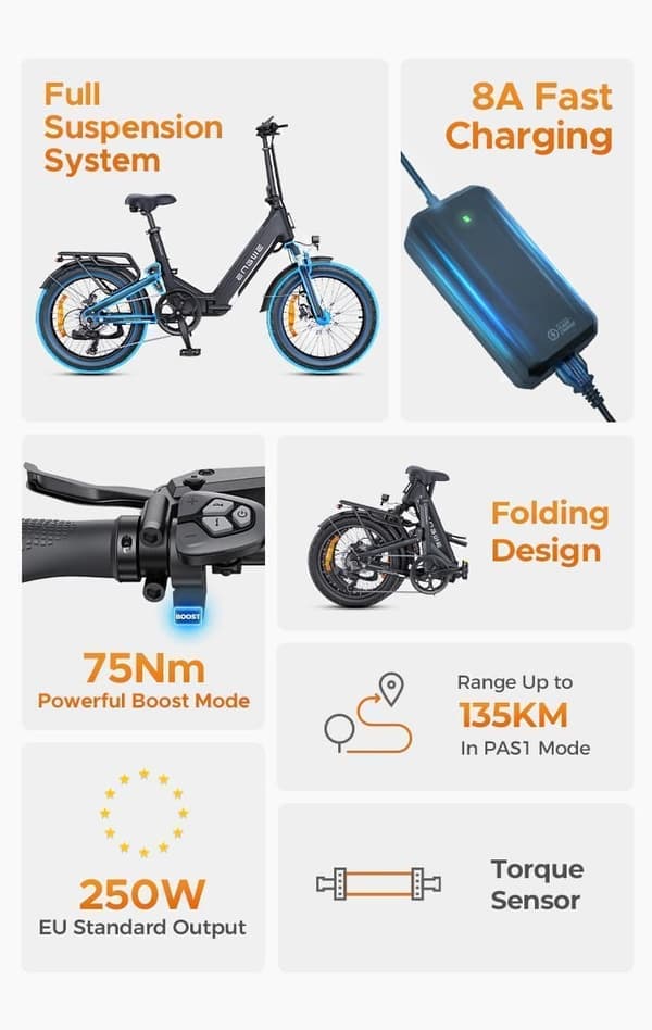 ENGWE L20 3.0 Boost 20” hopfällbar elcykel, 250W motor, 135 km Max räckvidd, 48V 13,5Ah batteri, LED-färgskärm, hydrauliska bromsar, fullfjädring