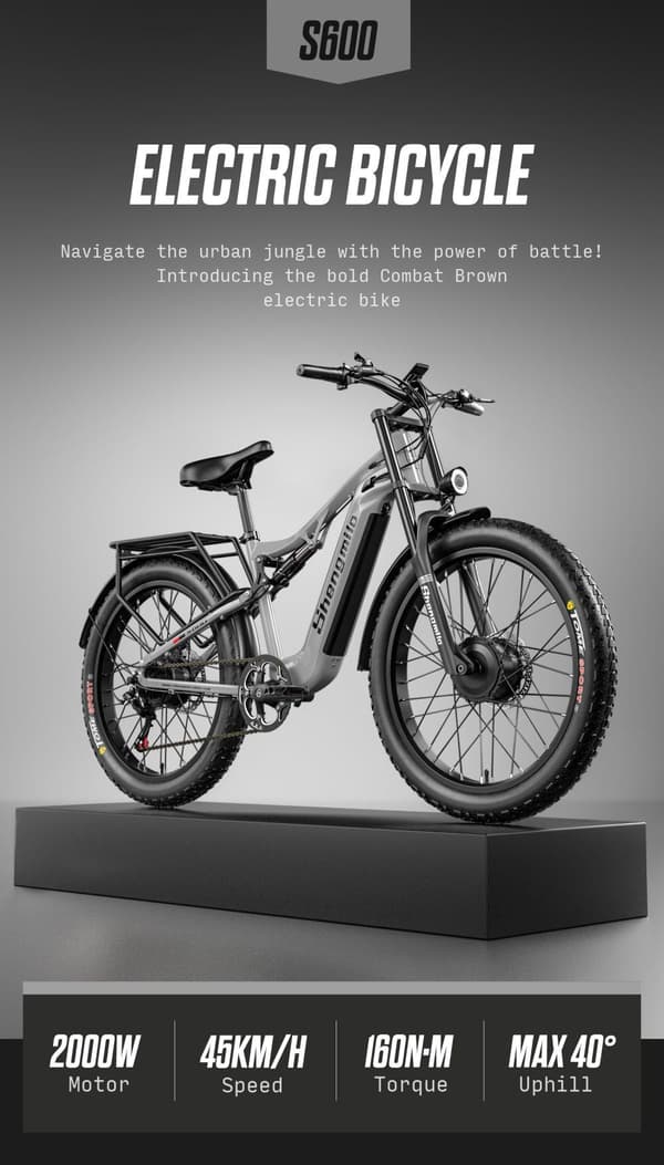 Elektrisk mountainbike Shengmilo S600 2000W dobbeltmotor 45KM/H elcykel 48V 17.5AH Samsung batteri 90KM udholdenhed fuld affjedret mountainbike