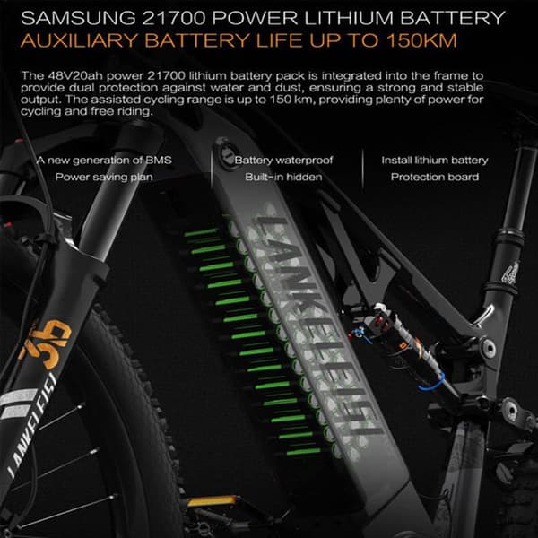 LANKELEISI GT800 500W BAFANG Cykel med centrummotor, Samsung-batteri 20Ah, Däck 26"*2,4", Shimano 12 växlar, grå.