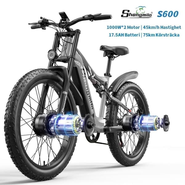 Shengmilo S600 1000W*2 & 17.5AH elcykel för vuxna, 45km/h & 75km räckvidd, 26*3.0 fettdäck, dubbla motorer, samsung batteri