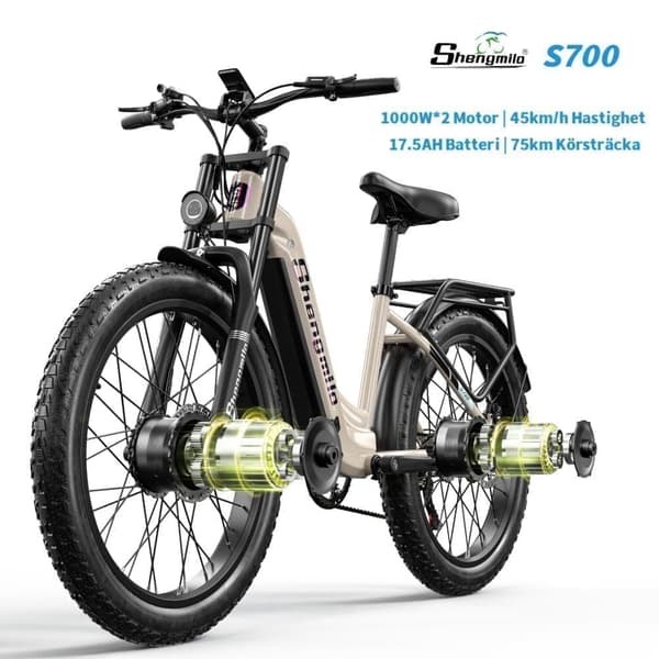 Shengmilo S700 1000W*2 & 17.5AH elcykel för vuxna, 45km/h & 75km räckvidd, 26*3.0 fettdäck, dubbla motorer, samsung batteri