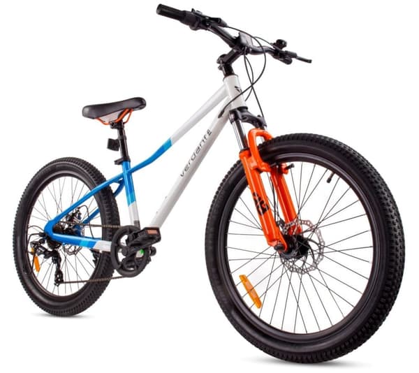 Mountainbike MTB 24 tum för pojkar och flickor till första kommunionen, Shimano 7 växlar med fjädring, breda däck, Calix vit-blå