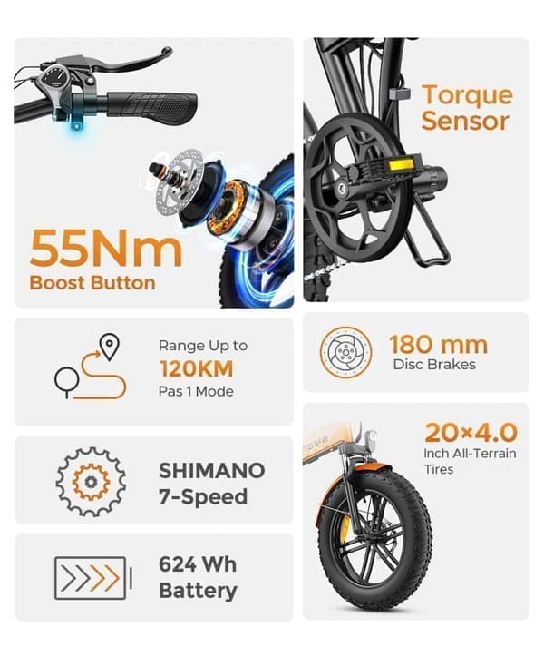 ENGWE EP-2 Boost foldbar elcykel 250W, 20''* 4'' terrængående dæk, 48V13Ah aftageligt batteri, rækkevidde op til 120 km, Shimano 7-trins