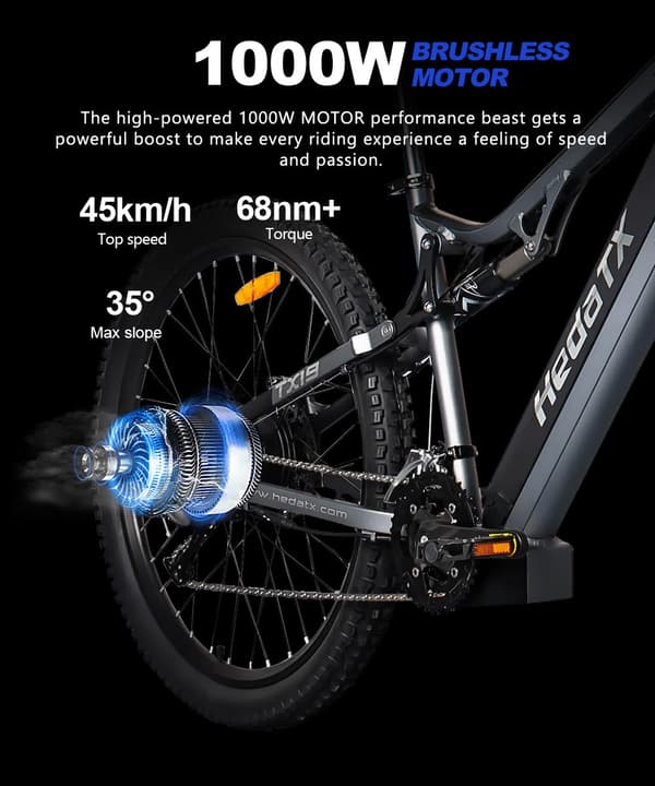 Hedatx T19 Blue 29-tums elektrisk mountainbike 1000W motor, 48V 19,2Ah batteri, Shimano hydrauliska bromsar för stadspendling