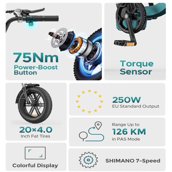 ENGWE L20 Boost Step-Thru E-cykel, 250W motor, 13AH batteri, 20 x 4.0 dæk, Shimano 7 gear,Sort